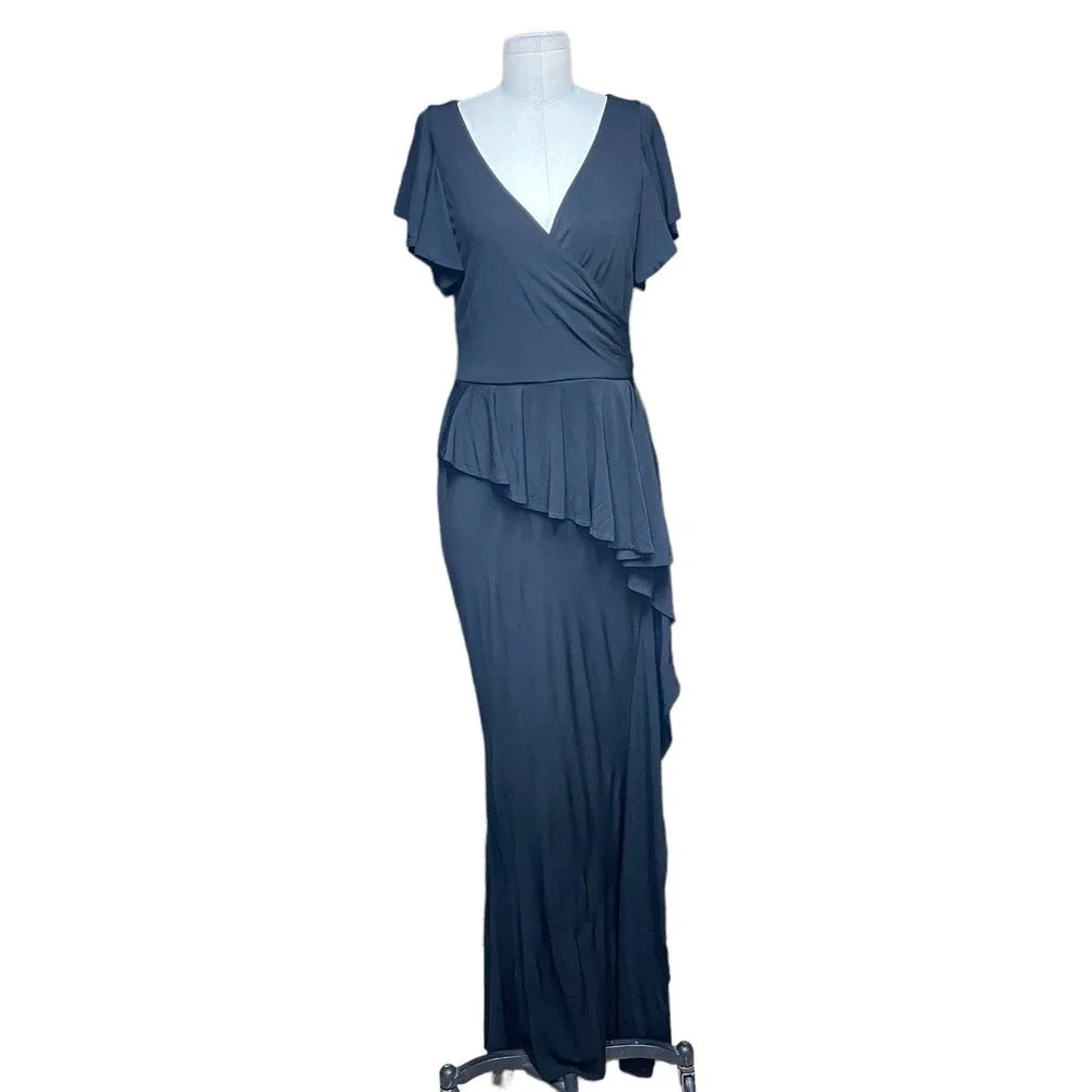 Rickie Freeman Teri Jon Black Flutter Sleeve Ruffle Long Gown Size 8
